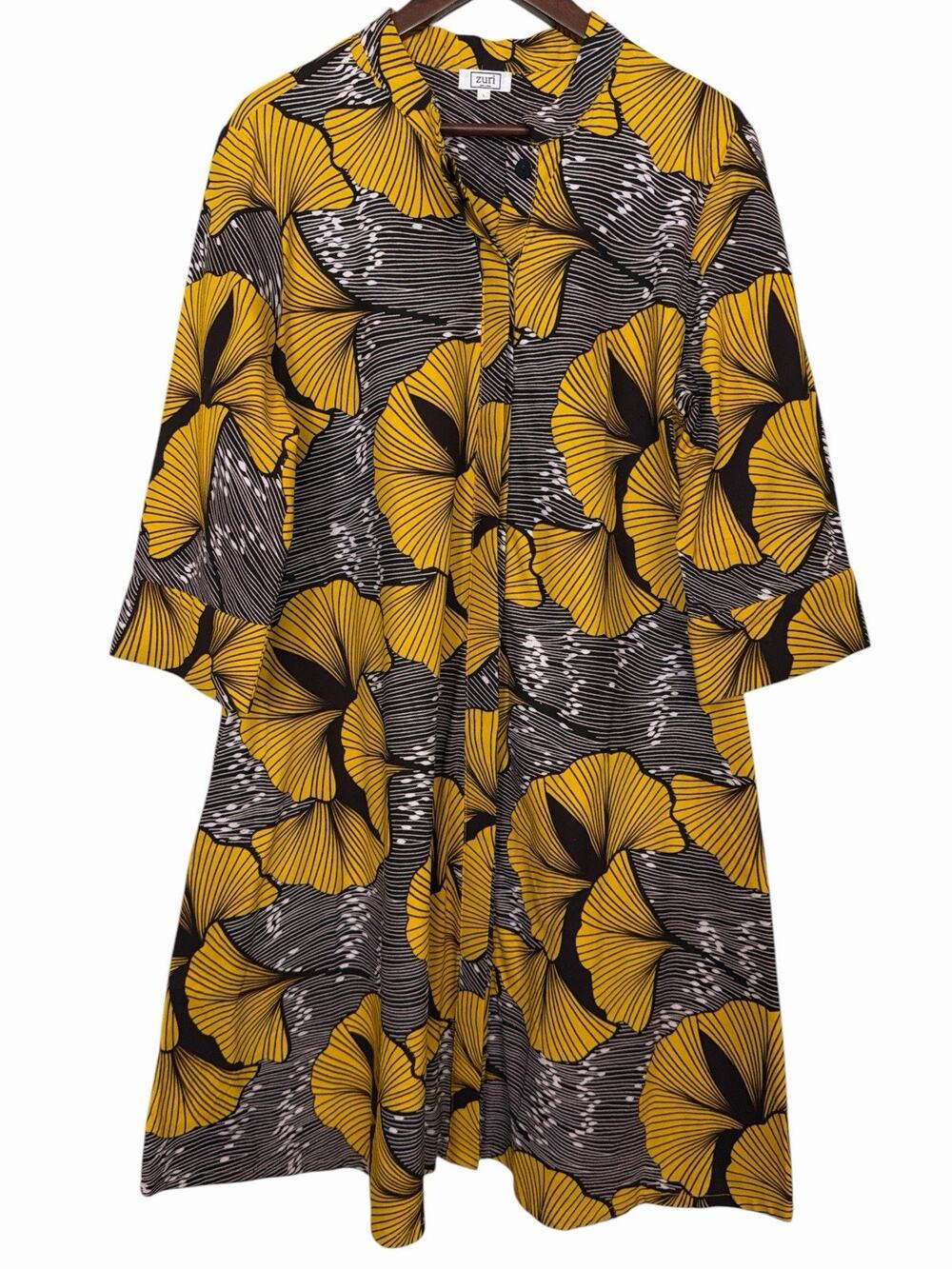 Zuri Kenya Dress Gold Gray Ginkgo Leaf Print Button Down Shirt Dress Size L